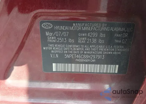 2008 Hyundai Sonata Gls from USA, damaged, VIN 5NPET46C88H297913